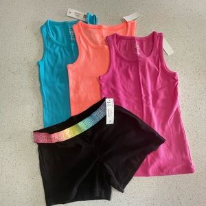 NWT: three colored tanks and black shorts